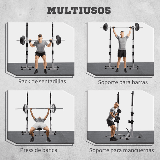 HOMCOM Suporte para Barras de Pesos Ajustável Estante Multifuncional 2 Peças de Aço Treinamento em Casa Peso 200 kg 58,5x75,5x136-176 cm Prata e Preto HOMCOM Suporte para Barras de Pesos Ajustável Estante Multifuncional 2 Peças de Aço Treinamento em Casa Peso 200 kg 58,5x75,5x136-176 cm Prata e Preto