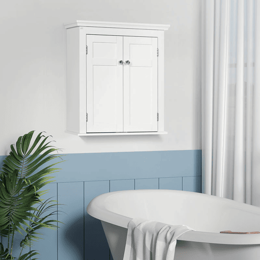 kleankin Armário Casa de banho de Parede Móvel para Casa de Banho com Prateleiras Ajustáveis e Portas com Fechadura Magnéticas Armário de Parede para Cozinha 58x24x60 cm Branco