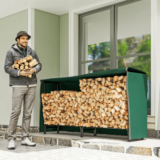 Outsunny Suporte para Lenha com Cobertura Estante para Lenha de Metal Ajustável para Interior e Exterior Carga 200 kg 200x36x99 cm Verde Escuro e Preto