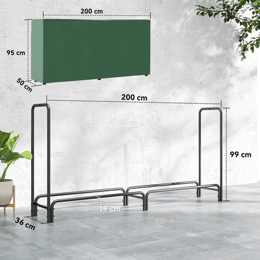Outsunny Suporte para Lenha com Cobertura Estante para Lenha de Metal Ajustável para Interior e Exterior Carga 200 kg 200x36x99 cm Verde Escuro e Preto