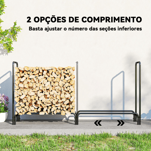Outsunny Suporte para Lenha com Cobertura Estante para Lenha de Metal Ajustável para Interior e Exterior Carga 200 kg 200x36x99 cm Verde Escuro e Preto