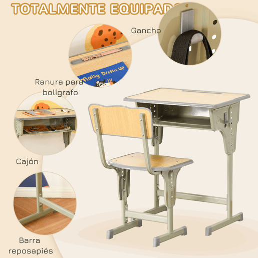 HOMCOM Conjunto de Secretária e Cadeira para Crianças acima de 6 Anos Secretária Infantil com Altura Ajustável Secretária para Crianças com Gaveta Gancho Madeira e Verde