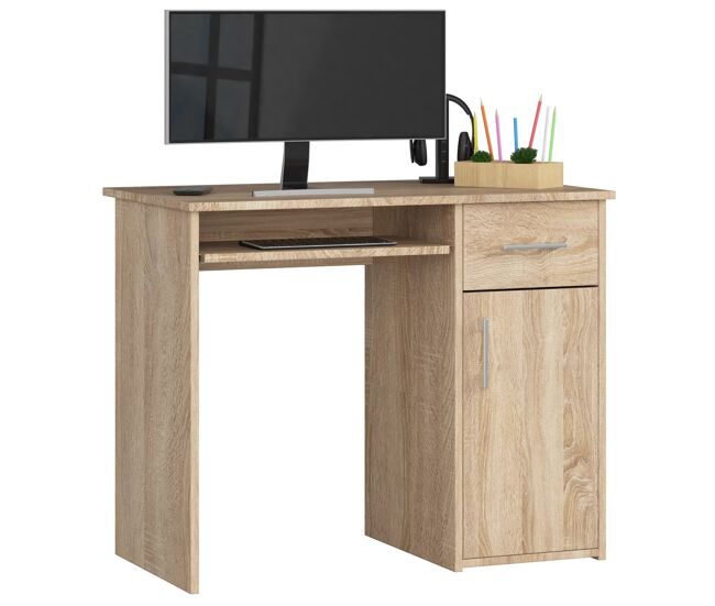 Escritorio akord pin 90 cm escritorio de computadora 1 puerta 1 cajón roble sonoma mate 3 estantes 90x50x74 cm