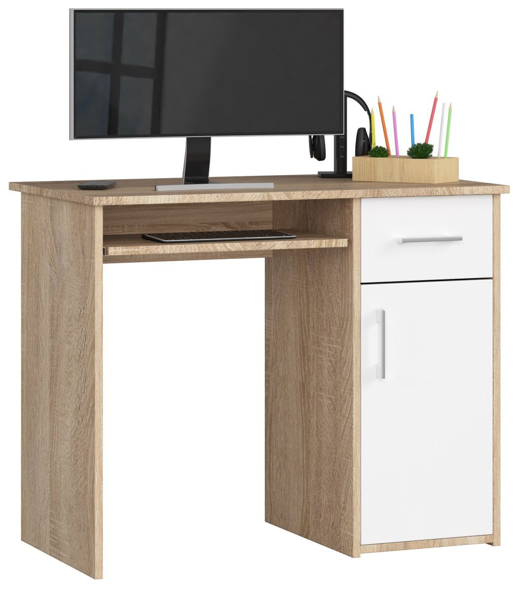 Escritorio akord pin roble sonoma 90 cm escritorio de ordenador 1 puerta 1 cajón blanco mate 3 estantes 90x50x74 cm