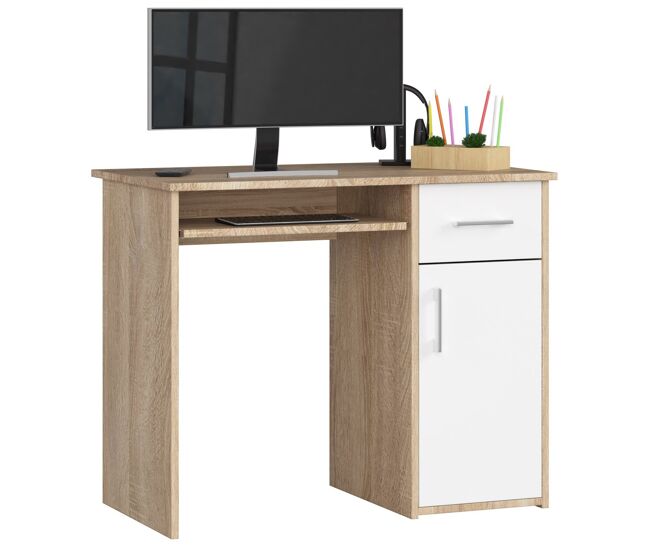 Escritorio akord pin roble sonoma 90 cm escritorio de ordenador 1 puerta 1 cajón blanco mate 3 estantes 90x50x74 cm