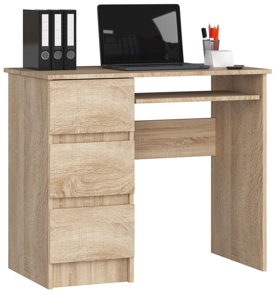 Escritorio de ordenador akord a6 roble sonoma 90 cm izquierda 3 cajones color roble sonoma mate 1 estante 90x50x77 cm