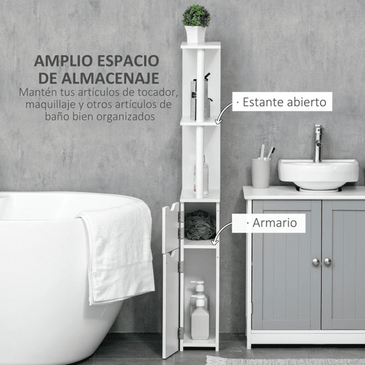 kleankin Coluna Casa de Banho com 2 Portas e 2 Prateleiras Abertas Armário Alto para Casa de Banho Sala de Estar Dormitório Estilo Moderno 15,2x29,8x118cm Branco