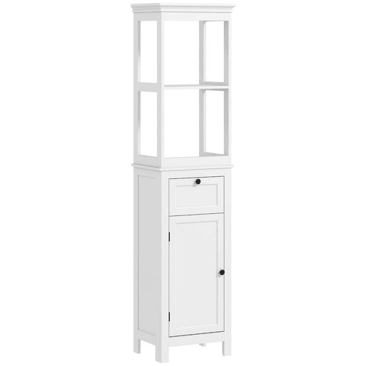 HOMCOM Coluna de Casa de Banho Armário de Casa de Banho 40x30x165 cm com Gaveta, Porta, Prateleira Ajustável e 2 Compartimentos Estilo Moderno Branco