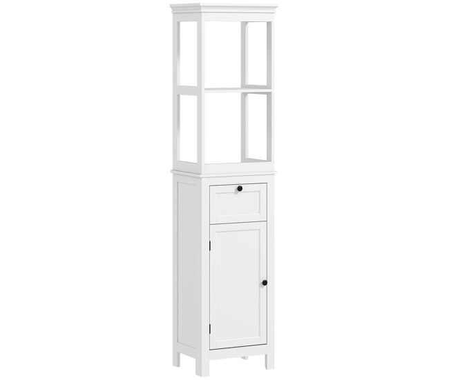 Homcom columna de baño armario de baño 40x30x165 cm con cajón puerta estante ajustable y 2 compartimientos estilo moderno blanco