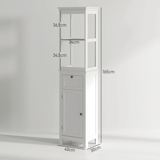 HOMCOM Coluna de Casa de Banho Armário de Casa de Banho 40x30x165 cm com Gaveta, Porta, Prateleira Ajustável e 2 Compartimentos Estilo Moderno Branco