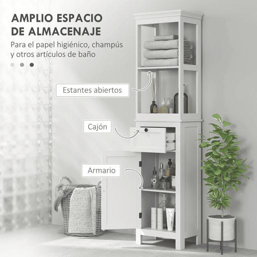 HOMCOM Coluna de Casa de Banho Armário de Casa de Banho 40x30x165 cm com Gaveta, Porta, Prateleira Ajustável e 2 Compartimentos Estilo Moderno Branco
