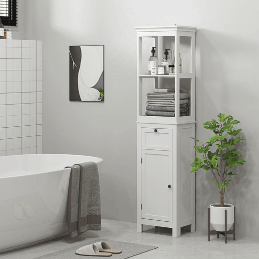 HOMCOM Coluna de Casa de Banho Armário de Casa de Banho 40x30x165 cm com Gaveta, Porta, Prateleira Ajustável e 2 Compartimentos Estilo Moderno Branco