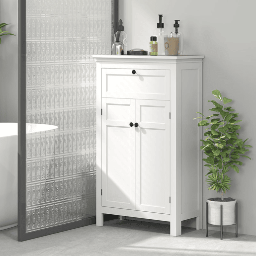 HOMCOM Armário Casa de Banho Móvel Casa de Banho com Gaveta 2 Portas e Prateleira Ajustável Armário Casa de Banho Moderno 60x30x102,5 cm Branco