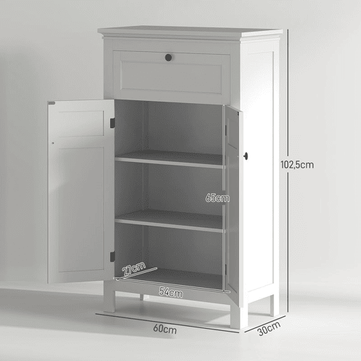 HOMCOM Armário Casa de Banho Móvel Casa de Banho com Gaveta 2 Portas e Prateleira Ajustável Armário Casa de Banho Moderno 60x30x102,5 cm Branco