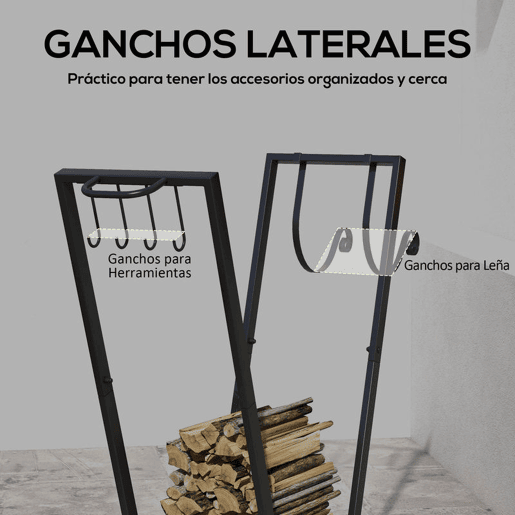Outsunny Suporte para Lenha Suporte para Lenha Metálico Lenheiro de Exterior com Rodas e Gancho para Interior e Exterior Carga 50 kg 79x30x81 cm Preto