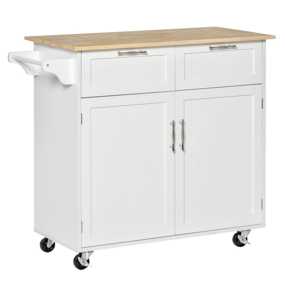 Homcom isla de cocina con ruedas carrito de cocina mueble auxiliar de cocina con 2 puertas 2 cajón toallero y estante ajustable para comedor salón 104x46x91 cm blanco