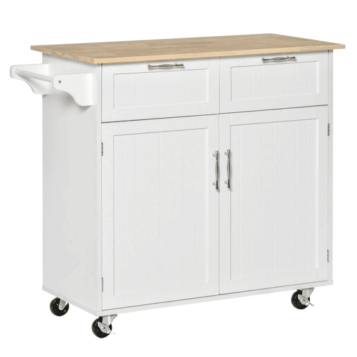 HOMCOM Carrinho de Cozinha com Rodas Móvel Auxiliar de Cozinha com 2 Gavetas 2 Portas Prateleira Ajustável e Suporte para Guardanapos para Sala de Jantar Sala de Estar 104x46x91 cm Branco