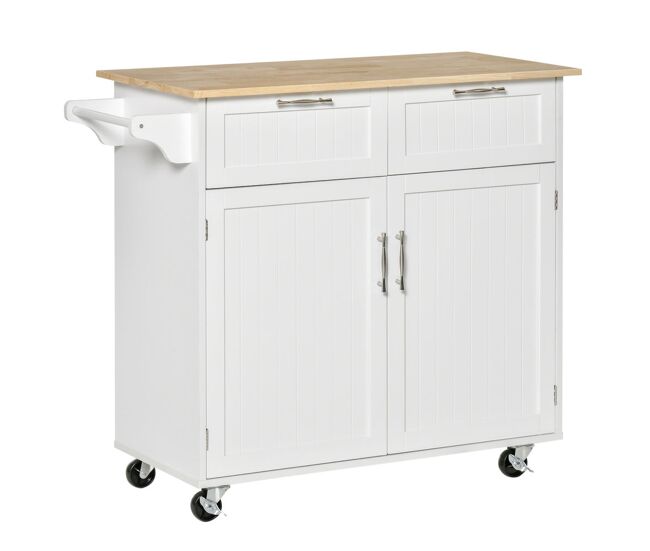 Homcom isla de cocina con ruedas carrito de cocina mueble auxiliar de cocina con 2 puertas 2 cajón toallero y estante ajustable para comedor salón 104x46x91 cm blanco