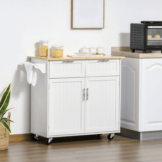HOMCOM Carrinho de Cozinha com Rodas Móvel Auxiliar de Cozinha com 2 Gavetas 2 Portas Prateleira Ajustável e Suporte para Guardanapos para Sala de Jantar Sala de Estar 104x46x91 cm Branco