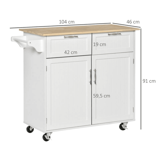 HOMCOM Carrinho de Cozinha com Rodas Móvel Auxiliar de Cozinha com 2 Gavetas 2 Portas Prateleira Ajustável e Suporte para Guardanapos para Sala de Jantar Sala de Estar 104x46x91 cm Branco
