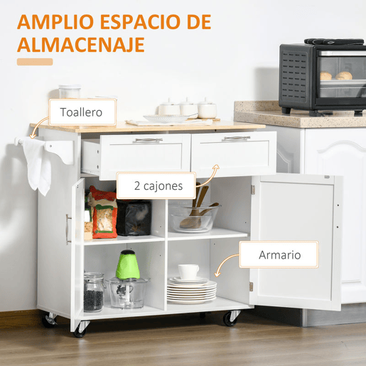 HOMCOM Carrinho de Cozinha com Rodas Móvel Auxiliar de Cozinha com 2 Gavetas 2 Portas Prateleira Ajustável e Suporte para Guardanapos para Sala de Jantar Sala de Estar 104x46x91 cm Branco