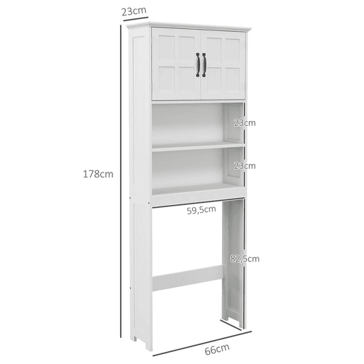 kleankin Móvel sobre Sanita Armário para Máquina de Lavar com 2 Portas Prateleiras Abertas e Prateleira Ajustável Móvel para Casa de Banho 66x23x178 cm Branco