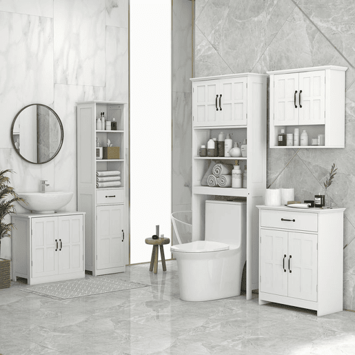 kleankin Móvel sobre Sanita Armário para Máquina de Lavar com 2 Portas Prateleiras Abertas e Prateleira Ajustável Móvel para Casa de Banho 66x23x178 cm Branco