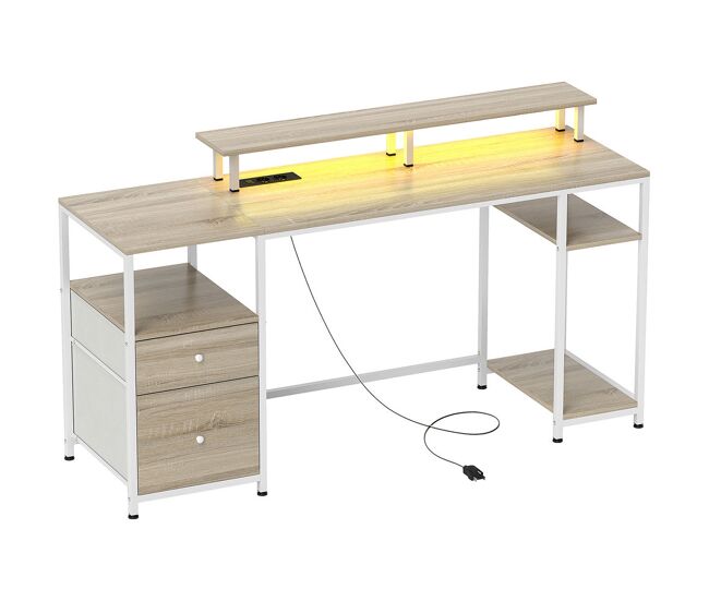 Homcom mesa de escritorio mesa de ordenador con luces led estantes cajones tomas de corriente puertos usb y soporte para monitor para oficina estudio 155,5x48x88,5 cm natural