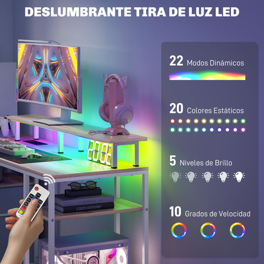 HOMCOM Mesa para Computador Secretária com Luzes LED Prateleiras Gavetas Plug Entrada USB e Suporte para Monitor para Escritório Estúdio 155,5x48x75,5 cm Madeira