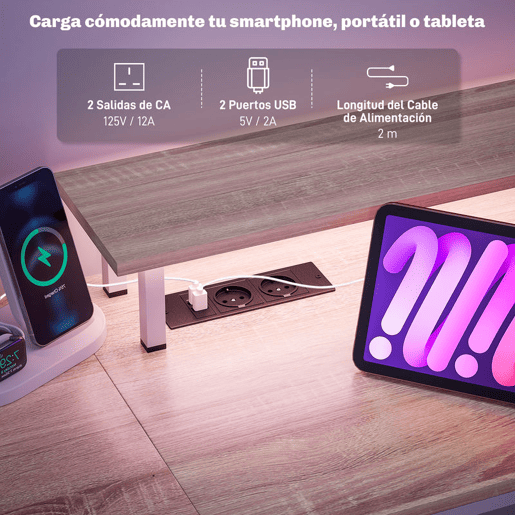 HOMCOM Mesa para Computador Secretária com Luzes LED Prateleiras Gavetas Plug Entrada USB e Suporte para Monitor para Escritório Estúdio 155,5x48x75,5 cm Madeira