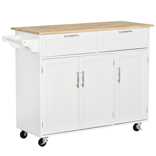 HOMCOM Carrinho de Cozinha com Rodas Carrinho de Cozinha Multiuso com 2 Gavetas 3 Portas Prateleiras Ajustáveis e Barra para Sala de Jantar 121x46x91cm Branco e Madeira