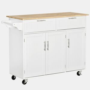 HOMCOM Carrinho de Cozinha com Rodas Carrinho de Cozinha Multiuso com 2 Gavetas 3 Portas Prateleiras Ajustáveis e Barra para Sala de Jantar 121x46x91cm Branco e Madeira