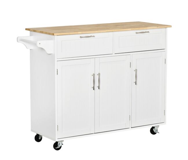 Homcom isla de cocina con ruedas carro de cocina mueble auxiliar de cocina con 2 cajones 3 puertas y barra lateral para comedor 121x46x91 cm roble y blanco