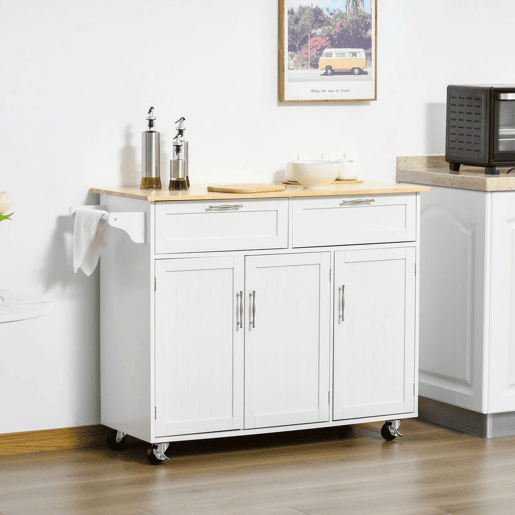 HOMCOM Carrinho de Cozinha com Rodas Carrinho de Cozinha Multiuso com 2 Gavetas 3 Portas Prateleiras Ajustáveis e Barra para Sala de Jantar 121x46x91cm Branco e Madeira
