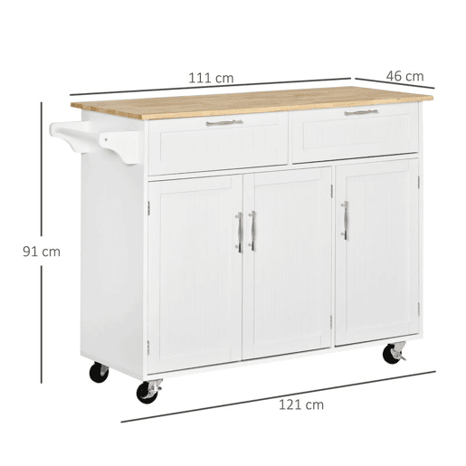 HOMCOM Carrinho de Cozinha com Rodas Carrinho de Cozinha Multiuso com 2 Gavetas 3 Portas Prateleiras Ajustáveis e Barra para Sala de Jantar 121x46x91cm Branco e Madeira