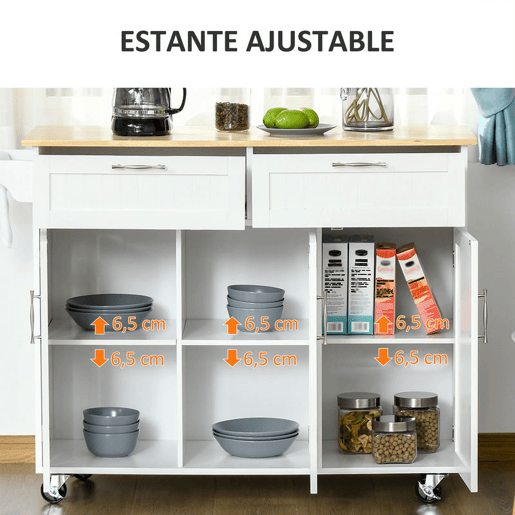 HOMCOM Carrinho de Cozinha com Rodas Carrinho de Cozinha Multiuso com 2 Gavetas 3 Portas Prateleiras Ajustáveis e Barra para Sala de Jantar 121x46x91cm Branco e Madeira