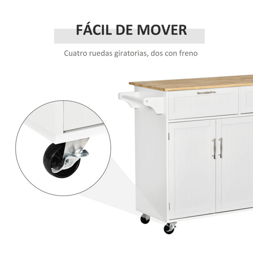 HOMCOM Carrinho de Cozinha com Rodas Carrinho de Cozinha Multiuso com 2 Gavetas 3 Portas Prateleiras Ajustáveis e Barra para Sala de Jantar 121x46x91cm Branco e Madeira