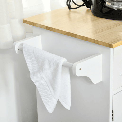 HOMCOM Carrinho de Cozinha com Rodas Carrinho de Cozinha Multiuso com 2 Gavetas 3 Portas Prateleiras Ajustáveis e Barra para Sala de Jantar 121x46x91cm Branco e Madeira