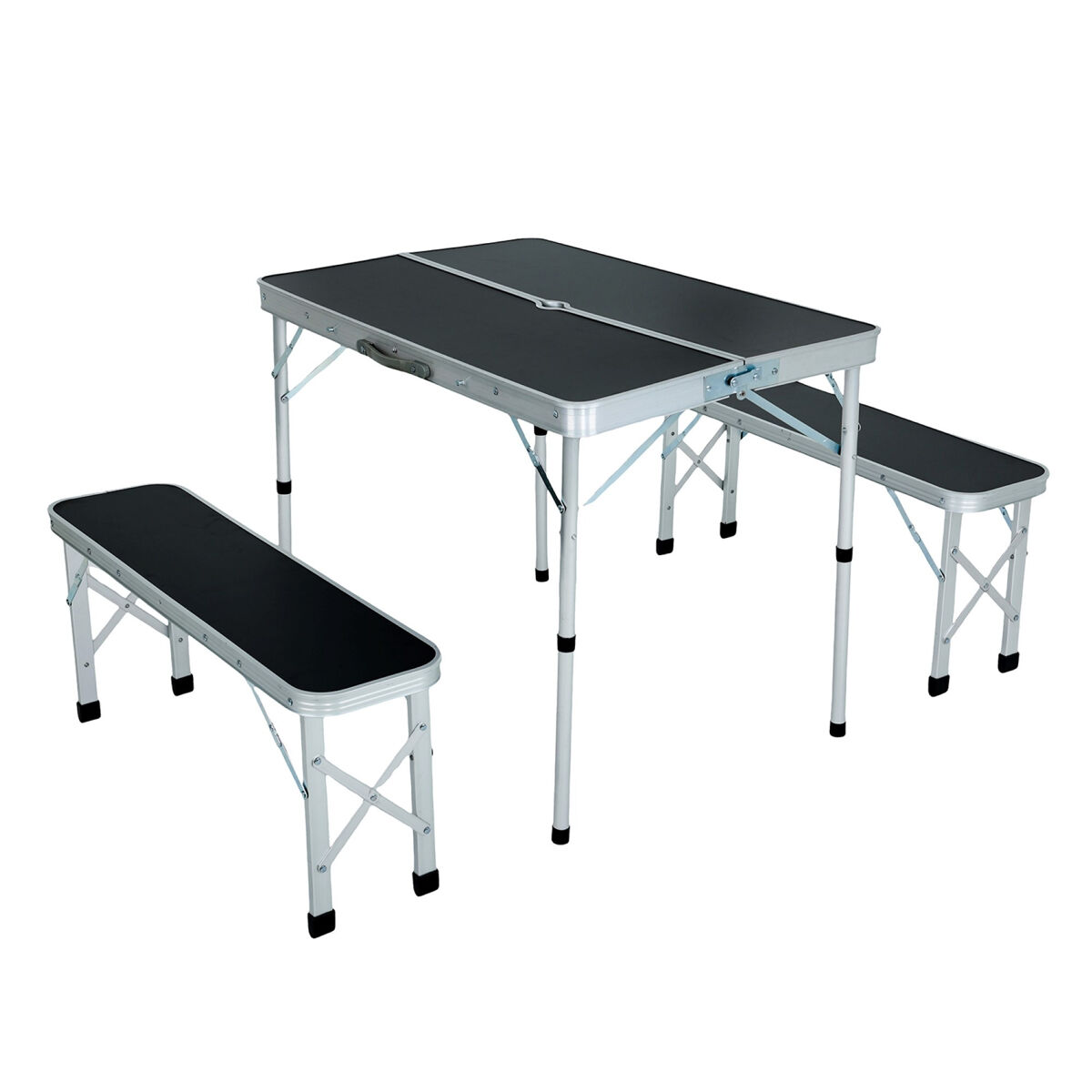 Mesa de camping roi con 2 bancos plegables en color negro