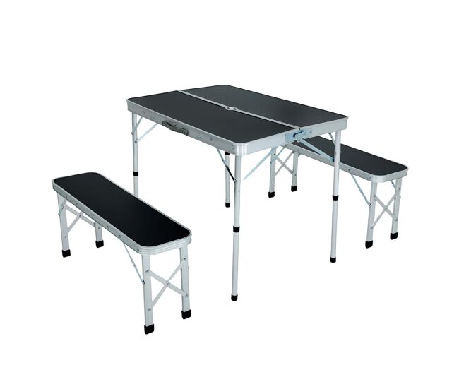 Mesa de camping roi con 2 bancos plegables en color negro