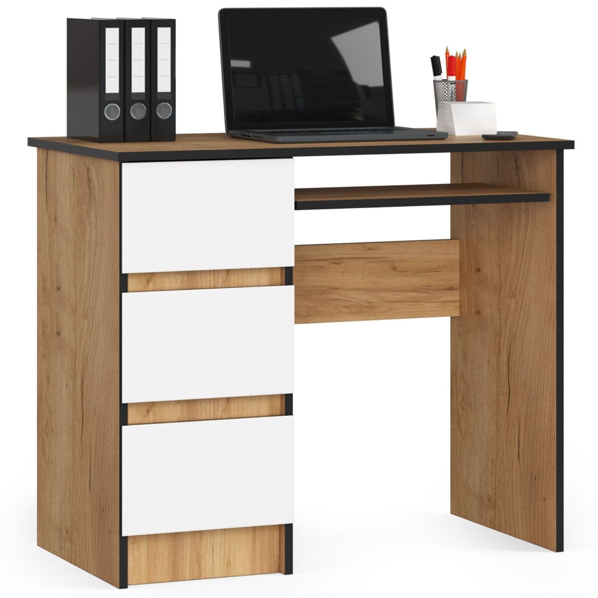 Escritorio de ordenador akord a6 roble craft 90 cm izquierda 3 cajones color blanco mate 1 estante 90x50x77 cm