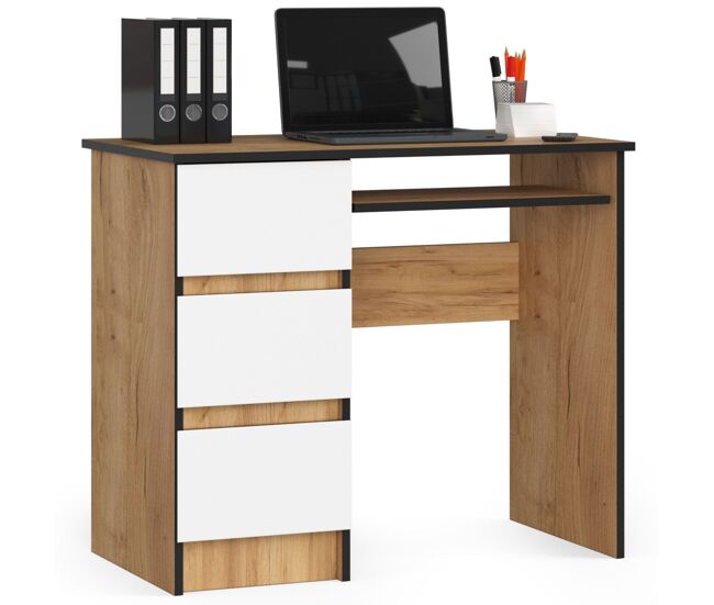 Escritorio de ordenador akord a6 roble craft 90 cm izquierda 3 cajones color blanco mate 1 estante 90x50x77 cm