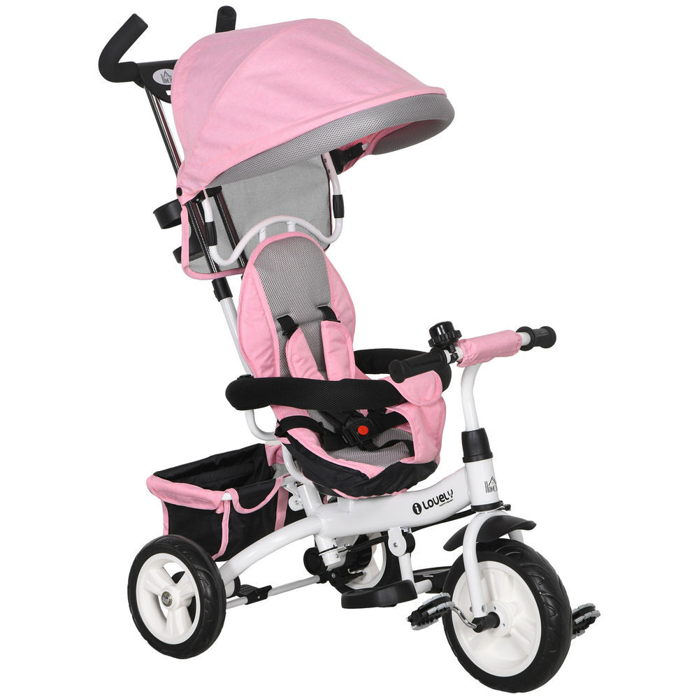 Homcom triciclo evolutivo para bebés 6 en 1 triciclo para niños de 1-5 años bicicleta para niños con toldo plegable mango telescópico desmontable cinturón de seguridad y cesto 95x50x106 cm rosa