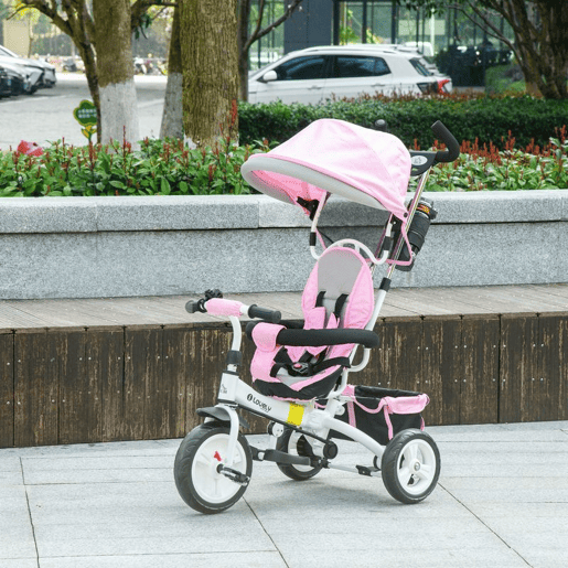 HOMCOM Triciclo para Bebés 2 em 1 Triciclo Evolutivo para Crianças de +12 Meses com Toldo Dobrável Guiador Telescópico e Removível Cinto de Segurança e Cesto 95x50x106 cm Rosa HOMCOM Triciclo para Bebés 2 em 1 Triciclo Evolutivo para Crianças de +12 Meses com Toldo Dobrável Guiador Telescópico e Removível Cinto de Segurança e Cesto 95x50x106 cm Rosa