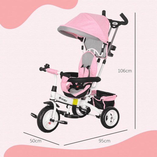 HOMCOM Triciclo para Bebés 2 em 1 Triciclo Evolutivo para Crianças de +12 Meses com Toldo Dobrável Guiador Telescópico e Removível Cinto de Segurança e Cesto 95x50x106 cm Rosa HOMCOM Triciclo para Bebés 2 em 1 Triciclo Evolutivo para Crianças de +12 Meses com Toldo Dobrável Guiador Telescópico e Removível Cinto de Segurança e Cesto 95x50x106 cm Rosa