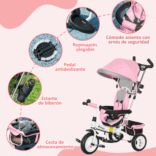 HOMCOM Triciclo para Bebés 2 em 1 Triciclo Evolutivo para Crianças de +12 Meses com Toldo Dobrável Guiador Telescópico e Removível Cinto de Segurança e Cesto 95x50x106 cm Rosa HOMCOM Triciclo para Bebés 2 em 1 Triciclo Evolutivo para Crianças de +12 Meses com Toldo Dobrável Guiador Telescópico e Removível Cinto de Segurança e Cesto 95x50x106 cm Rosa