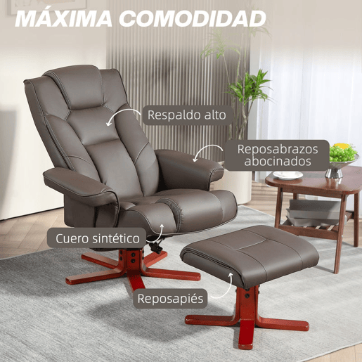 HOMCOM Poltrona Reclinável com Apoio para os Pés Poltrona de Sala de Estar Estofada em PU e Estrutura de Madeira Carga 150 kg Poltrona para Dormitório 83x78x105 cm Marrom