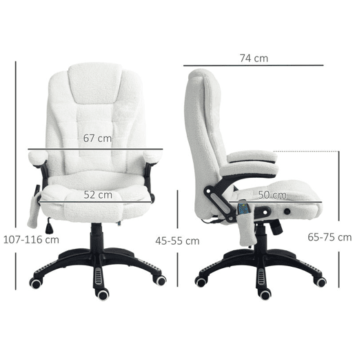 Vinsetto Cadeira de Massagem com 6 Pontos de Massagem Cadeira de Escritório Reclinável até 130° com Função de Aquecimento Altura Ajustável e Rodas para Estúdio 67x74x107-116 cm Branco Vinsetto Cadeira de Massagem com 6 Pontos de Massagem Cadeira de Escritório Reclinável até 130° com Função de Aquecimento Altura Ajustável e Rodas para Estúdio 67x74x107-116 cm Branco