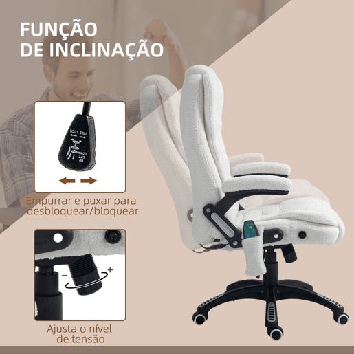 Vinsetto Cadeira de Massagem com 6 Pontos de Massagem Cadeira de Escritório Reclinável até 130° com Função de Aquecimento Altura Ajustável e Rodas para Estúdio 67x74x107-116 cm Branco Vinsetto Cadeira de Massagem com 6 Pontos de Massagem Cadeira de Escritório Reclinável até 130° com Função de Aquecimento Altura Ajustável e Rodas para Estúdio 67x74x107-116 cm Branco