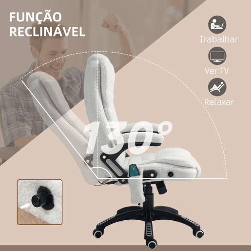 Vinsetto Cadeira de Massagem com 6 Pontos de Massagem Cadeira de Escritório Reclinável até 130° com Função de Aquecimento Altura Ajustável e Rodas para Estúdio 67x74x107-116 cm Branco Vinsetto Cadeira de Massagem com 6 Pontos de Massagem Cadeira de Escritório Reclinável até 130° com Função de Aquecimento Altura Ajustável e Rodas para Estúdio 67x74x107-116 cm Branco